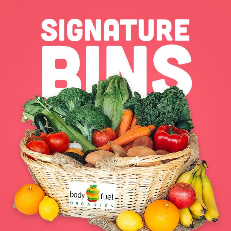 Body Fuel Organics signature produce bin filled with fresh fruit and vegetables